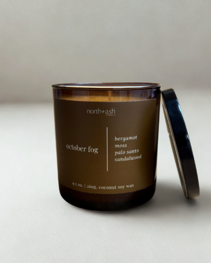 october fog coconut soy wax candle, fall and autumn candle collection