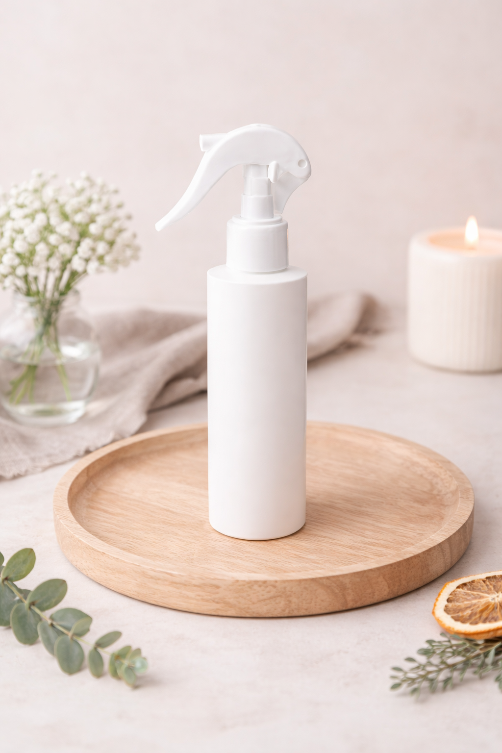 room and linen spray in white bottle